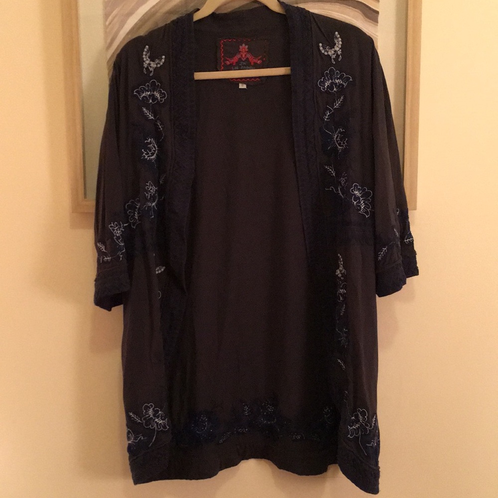Johnny Was embroidered navy blue cardigan